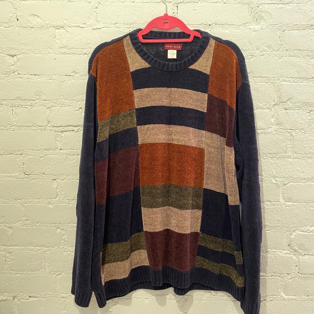 Vintage Chenille Colour Block Print Cozy Sweater L/ XL
